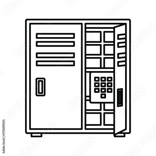 Line art illustration of a locker with an open door showing compartments and a keypad