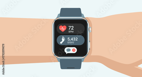 Smartwatch on wrist displaying heart rate steps and messages for fitness tracking and communication