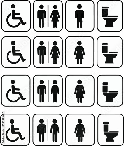 Toilet and WC Icons Set — Clean Monochrome Restroom Symbol Vector Design