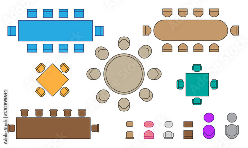 top view of vector illustration of colorful seat plan for office, hotel, home and dining room