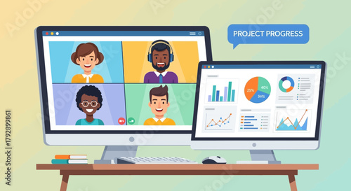 Diverse team collaborating remotely on project progress via video conference and data analysis on computer screens