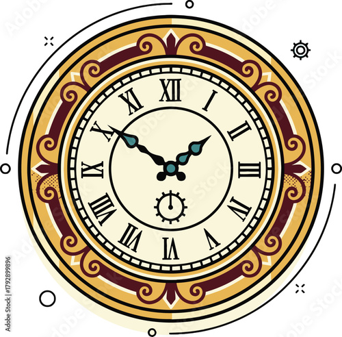 Retro ornamental wall clock with Roman numerals and decorative filigree border in vintage gold and brown tones. Vector illustration for time, antiques, and classic style