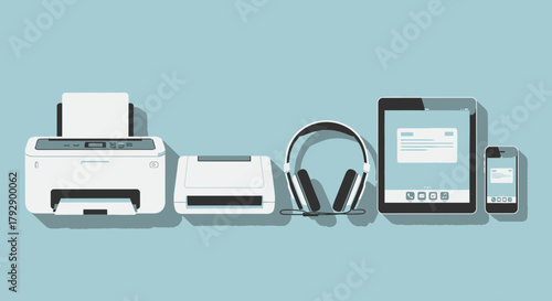 A collection of modern electronic devices including printers headphones a tablet and a smartphone arranged on a plain blue background