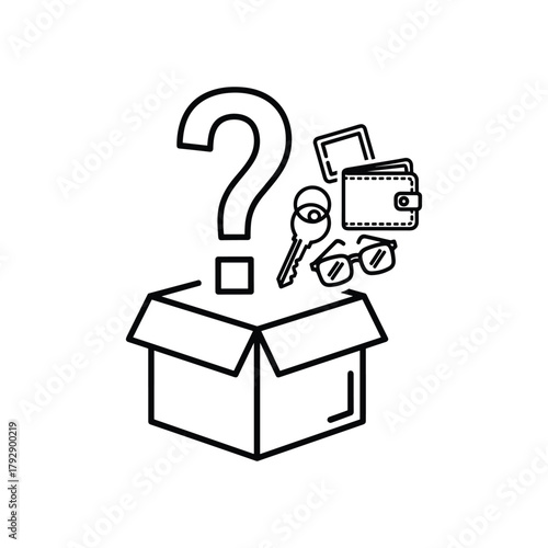 Line art illustration of a question mark above an open box with lost and found items