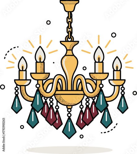 Vintage Chandelier Luxury Light Icon: Ornate Gold Fixture with Crystal Pendants and Candles for Elegant Decor, Interior Design, Home, Hotel, and Classic Architecture.