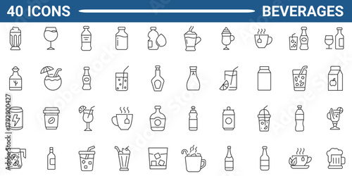 Set of 40 outline icons related to beverages. Linear icon collection. Editable stroke. Vector illustration