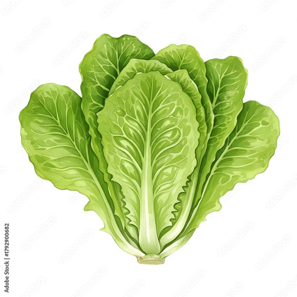 Fototapeta premium Watercolor Fresh Green Romaine Lettuce Head Isolated on White Background