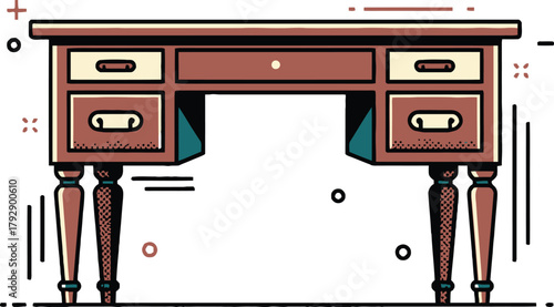 Vintage Antique Desk Furniture Workspace Icon: Classic Wooden Table with Drawers for Business, Study, Home Office, Education, Retro Style, and Interior Design.