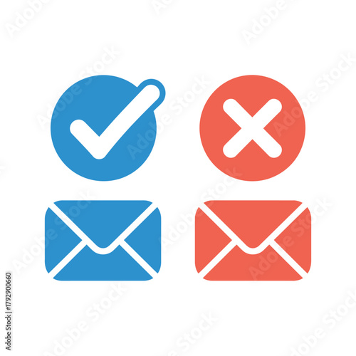 A checkmark and an X symbol accompany two envelope icons for communication.