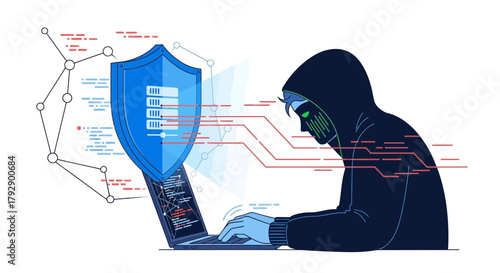 Anonymous hacker wearing a hoodie and mask attacks a secure server protected by a digital shield and laptop with code