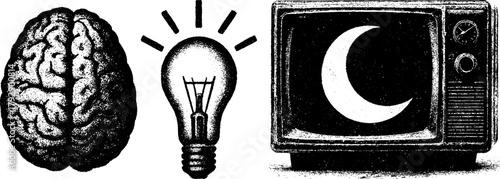 Retro xerography halftone engraving set — brain, glowing lightbulb, and crescent moon on vintage TV screen. Black and white surreal conceptual