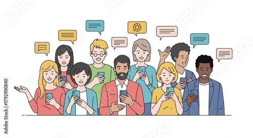 Diverse group of smiling people actively engaged with smartphones and chat bubbles, showcasing modern communication and connection