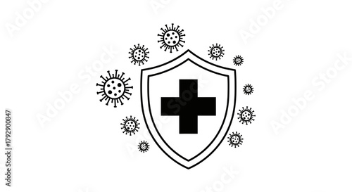 Robust shield with medical cross repelling attacking virus particles symbolizing immunity and health protection