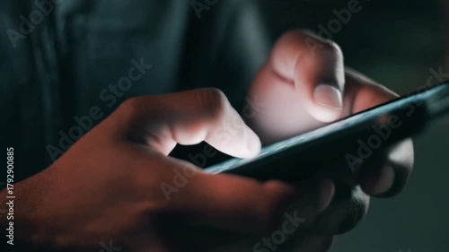Night, cybersecurity and hands typing with phone for texting, internet troll or person cyberbullying. Dark comment, social media netizen or keyboard warrior for smartphone, online bullying or hacking
