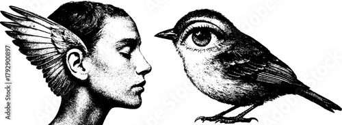 Retro xerography halftone engraving set — winged woman and surreal bird with a single human eye. Black and white conceptual art