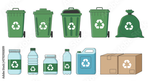 Sustainable recycling icons showcase green bins, bags, bottles, jars, and boxes for eco-friendly waste management and environmental protection concepts.