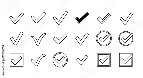 Collection of diverse checkmark icons representing approval, success, and completion in various modern styles for digital and print applications