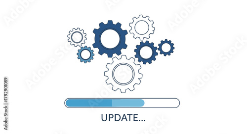 Dynamic gears engage with progress bar signaling software update, representing technological advancement and system improvement