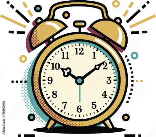 Retro Alarm Clock Time Wake Up Icon: Vintage Bell Clock Ringing for Morning, Schedule, Deadline, Time Management, Appointment, and Reminder Concepts in Pop Art Style.