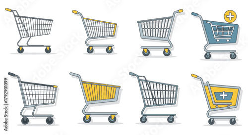 Collection of modern shopping carts and trolleys symbolizing commerce, retail, and online shopping convenience for your next project