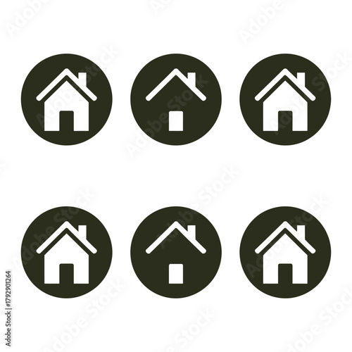 Multiple circular icons featuring a simple house symbol in white against a dark background