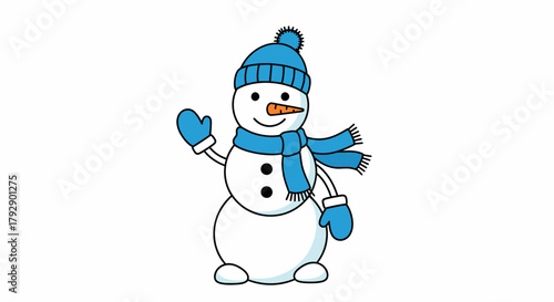 Friendly waving snowman adorned with a cozy blue hat and scarf, perfect for festive winter greetings and seasonal designs