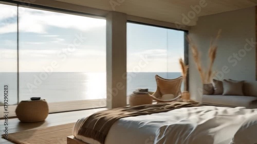 Modern bedroom interior with ocean view and natural light