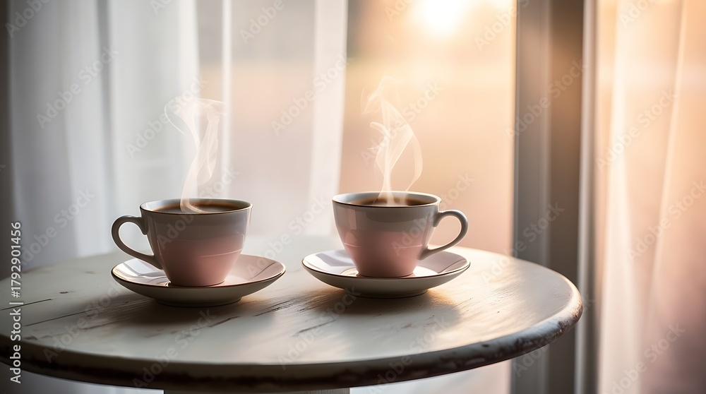 Fototapeta premium two glasses of warm drinks beside the window