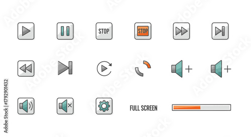 Modern UI media player icons collection offering intuitive control for digital content playback and volume adjustment