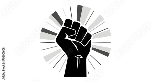 Powerful raised fist symbolizing protest solidarity and human rights movement with dynamic radiating lines conveying strength and unity