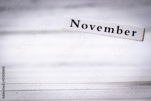 The word November is handwritten on a light wooden sign, symbolizing the eleventh month of the year. November often evokes feelings of autumn and seasonal change.