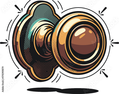 Vintage Door Knob Antique Hardware Home Decor Icon: Ornate Brass Door Handle in a Retro Pop Art Style for Interior Design, Security, History, Old House, and Entrance Concepts.