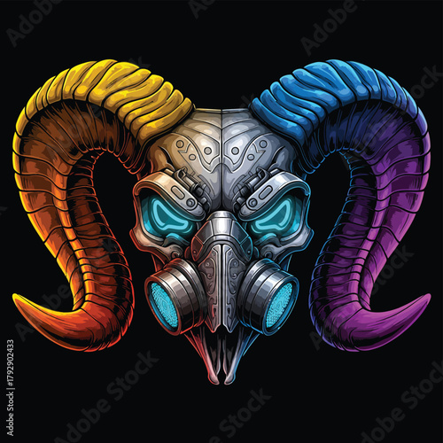 Cyberpunk Ram Skull with Gas Mask and Rainbow Horns.