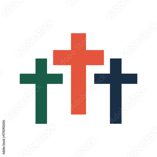 Three crosses stand against a white background, representing faith and spirituality.