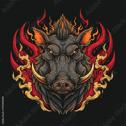 Fierce Boar Head with Fiery Aura - A Symbol of Strength and Wildness.