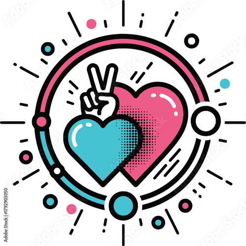 Animal Rights Love Peace Icon: Two Hearts and a Hand Making a Victory Sign for Social Justice, Conservation, Compassion, Animal Welfare, and Environmental Protection.