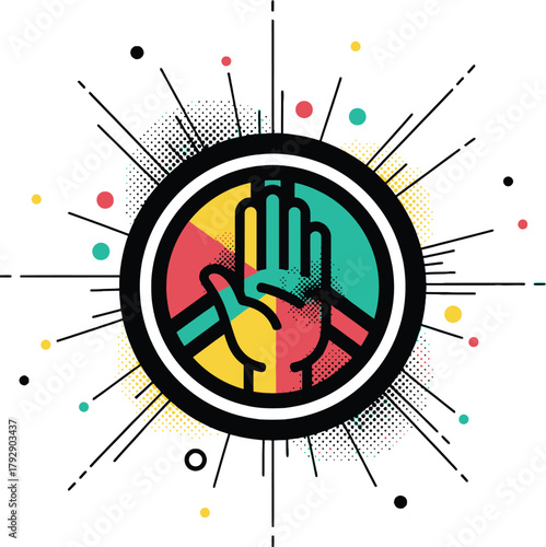 Pride Diversity Acceptance Icon: Open Hand in Bright Colors inside a Circle Symbolizing LGBTQ+ Community, Social Issues, Equality, Human Rights, and Support in Pop Art Style