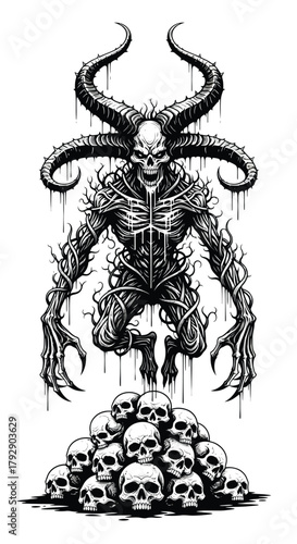 Monstrous Skull Figure with Horns and Pile of Skulls.