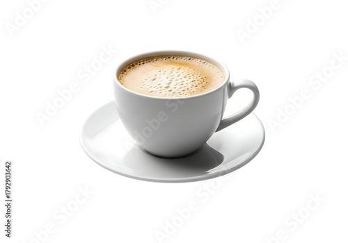 A steaming cup of frothy coffee with latte art on a white saucer isolated on transparent background
