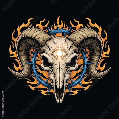 Ram Skull with Flames and Spiked Ring Illustration.