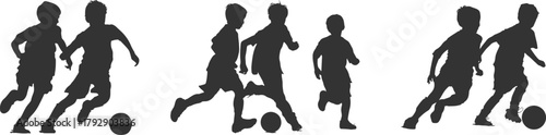 Set silhouettes of children playing football isolated on transparent background. Vector illustration