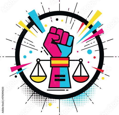 Social Justice Equality Law Icon: Raised Fist on Scales of Justice Symbolizing Human Rights, Activism, Protest, Civil Liberties, Revolution, and Balance in a Pop Art Style