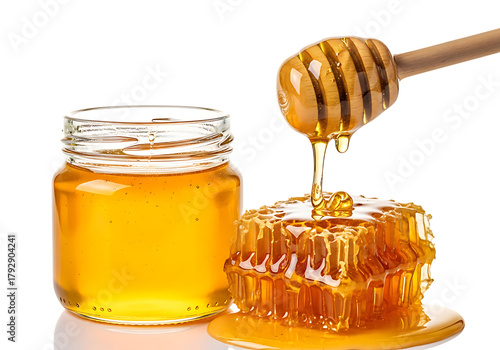Golden honey dripping from a wooden dipper onto a honeycomb next to a glass jar isolated on transparent background