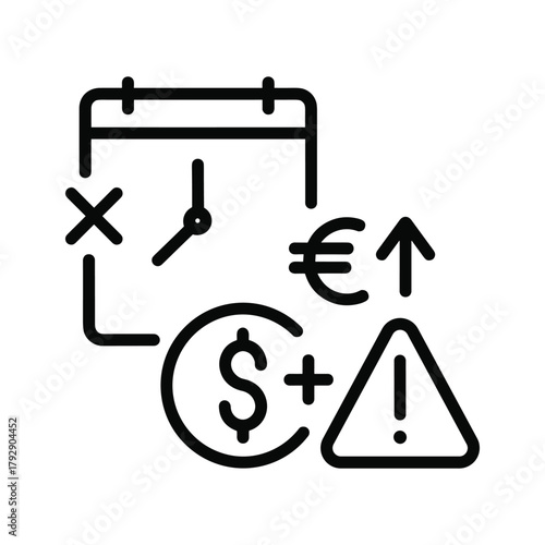 Calendar with clock and currency symbols with warning sign