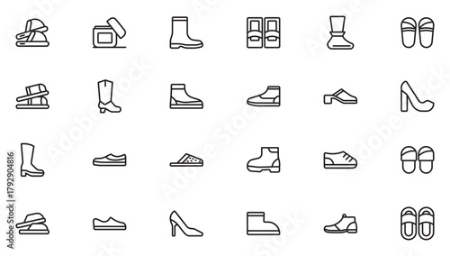 Footwear Line Icon Set. Running Shoes, Casual and Athletic Styles. Thin outline icons pack. Vector illustration