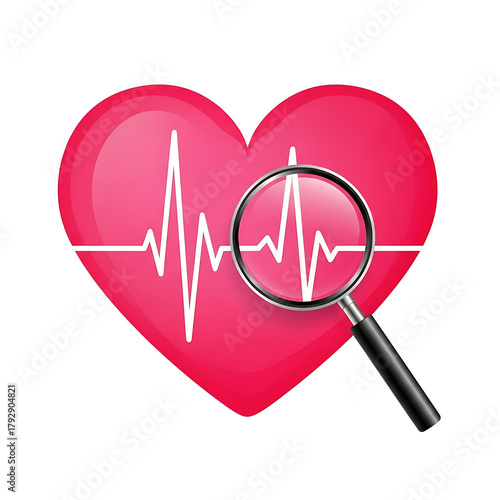 Magnifying glass inspecting heartbeat on a red heart