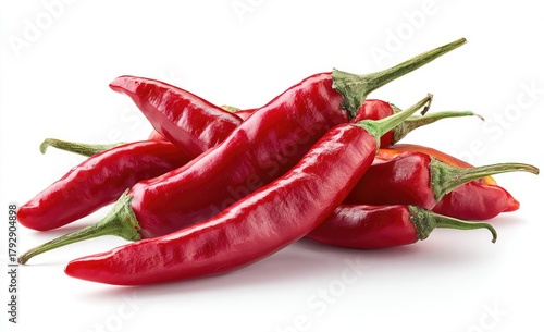 Close-up of a pile of ripe, red chili peppers with green stems, isolated on white