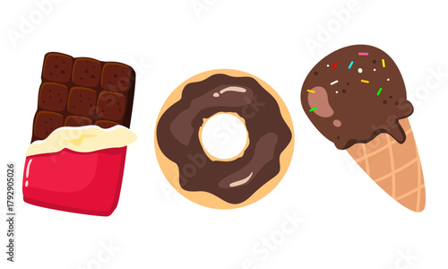 Chocolate snack set. Chocolate bar, donut, and ice cream. Delicious and sweet dessert