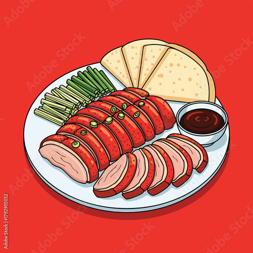 Sliced Peking duck served with spring onions, pancakes, and hoisin sauce on a white plate with a red background.