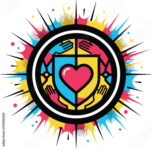 Pop Art Style Anti-Bullying Badge, Shield with Heart, Unity, and Social Support Illustration